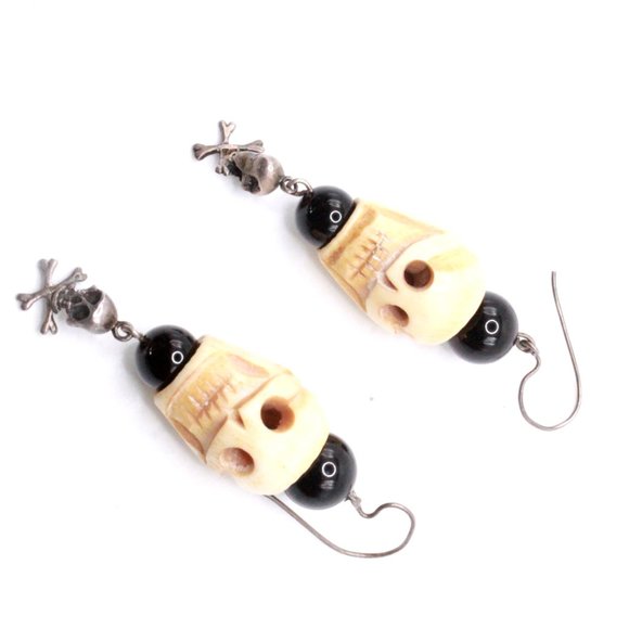 Vintage Sterling Silver Skull Sculpted Unique Dangle 3" Long Earrings - Picture 4 of 8